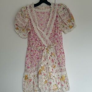 LoveShackFancy Pink and White Puff Sleeve Midi Sundress